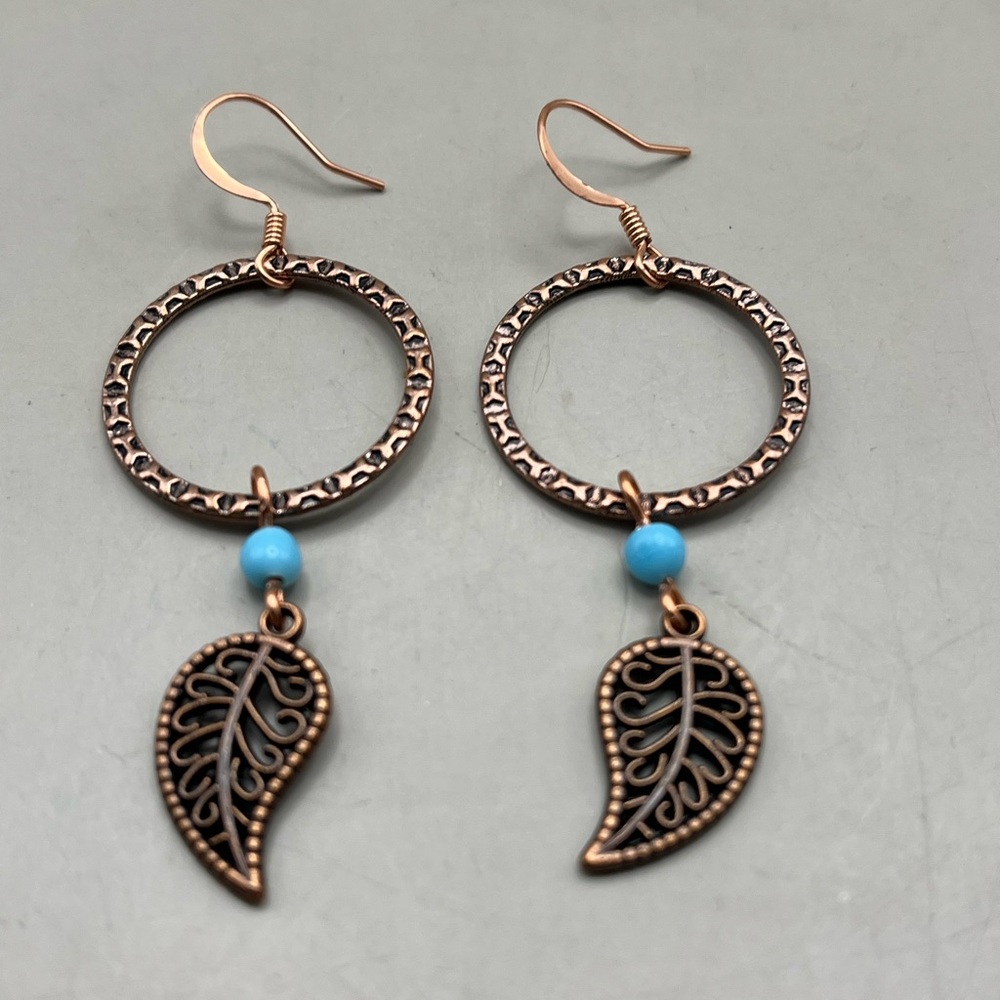 Bohemian Hammered Copper Leaf Dangle Earrings with Turquoise Bead Accents